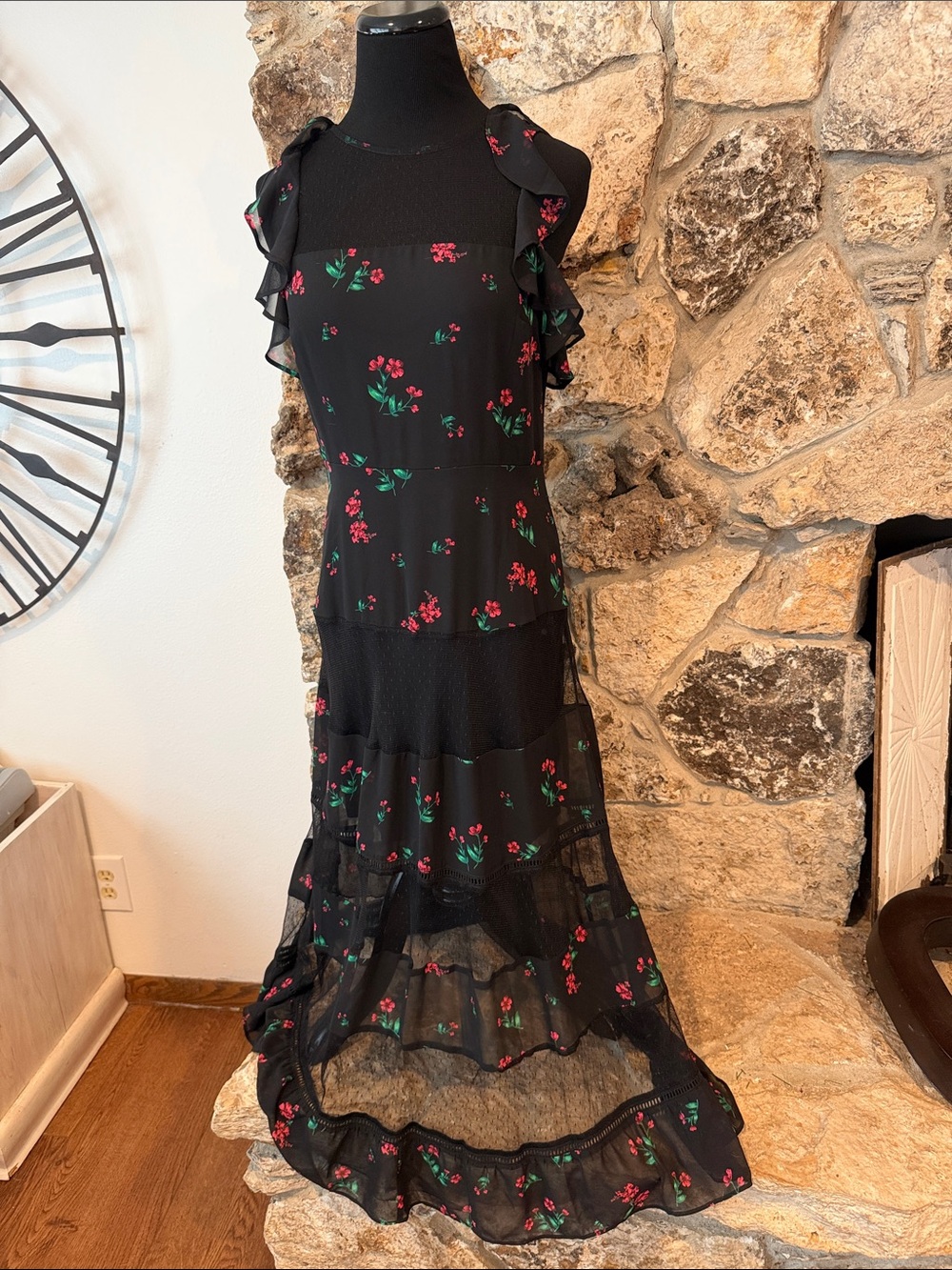 Express Black Maxi Dress with Pink Floral and Green Leaves